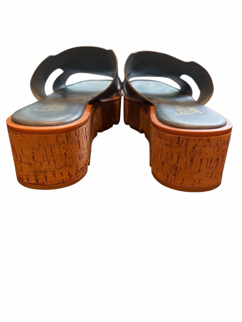 Franco Sarto Platform Slide Sandals Sz 8 Gray Leather Cork Sole 2” Heel Comfort - Picture 10 of 11